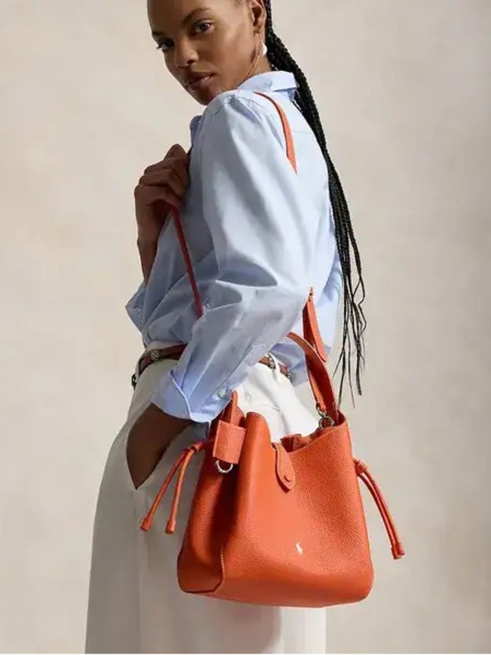 RALPH LAUREN  Drawstring Bag Polo Play Leather Sunset Orange